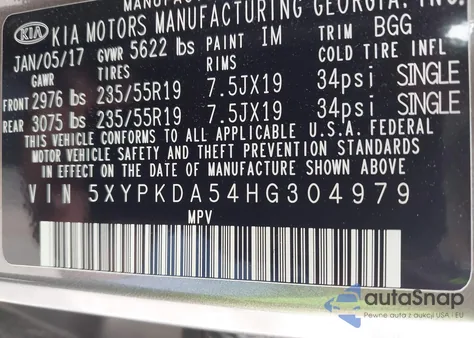 2017 Kia Sorento 3.3L Sx из США, поврежденный, VIN 5XYPKDA54HG304979